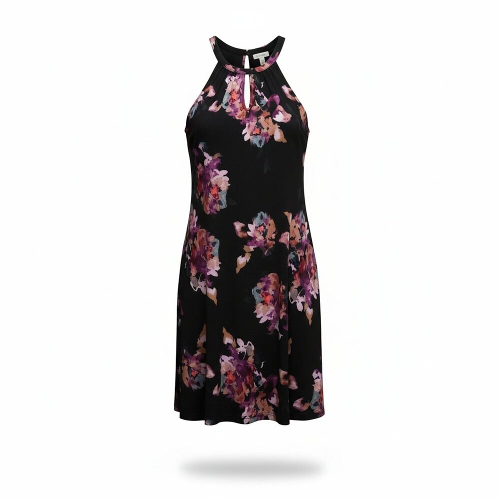 Rachel Zoe Wedding Guest Floral Halter Dress XS Black/Pink Keyhole Neck NWT
